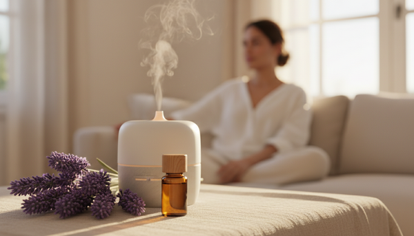 Flores de lavanda e frasco âmbar de óleo essencial junto a um difusor em ambiente sereno e ensolarado — aromaterapia By Samia