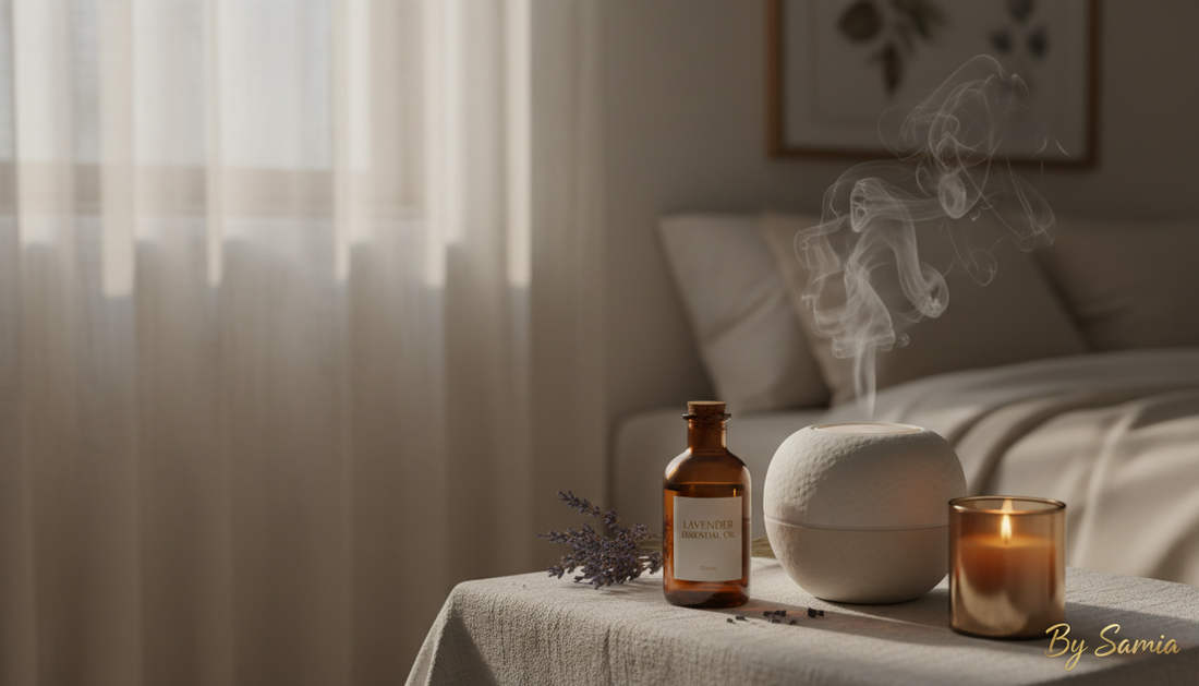 Quarto noturno com difusor e lavanda — aromaterapia e sono By Samia