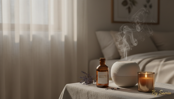 Quarto noturno com difusor e lavanda — aromaterapia e sono By Samia
