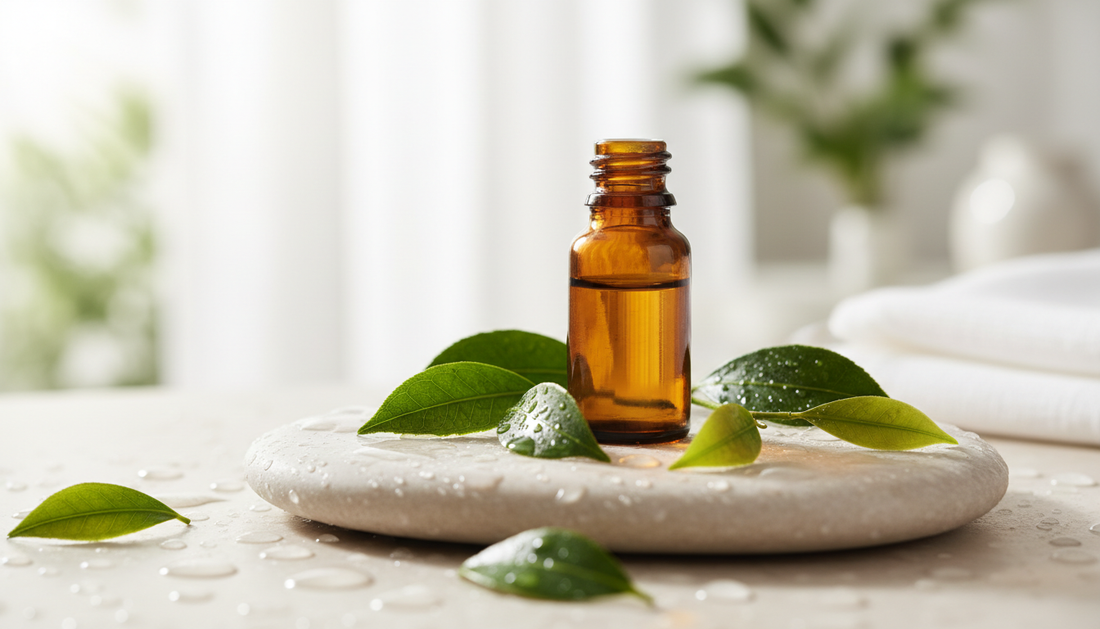 Folhas verdes de tea tree (melaleuca) e frasco âmbar de óleo essencial em superfície clara com gotas de água — frescor e pureza By Samia