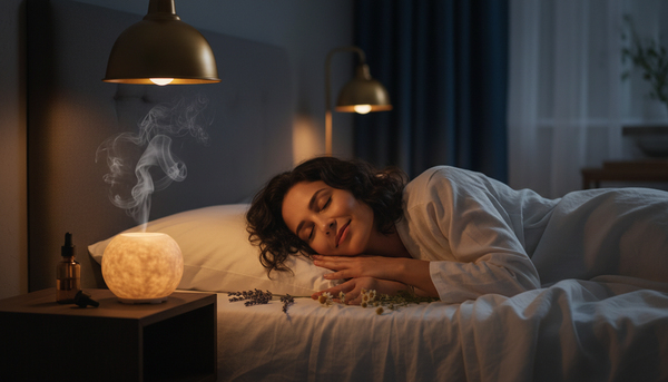 Mulher serena dormindo em quarto à luz baixa, com frasco âmbar de óleo essencial e difusor no criado-mudo, raminhos de lavanda e camomila — ritual noturno de aromaterapia By Samia