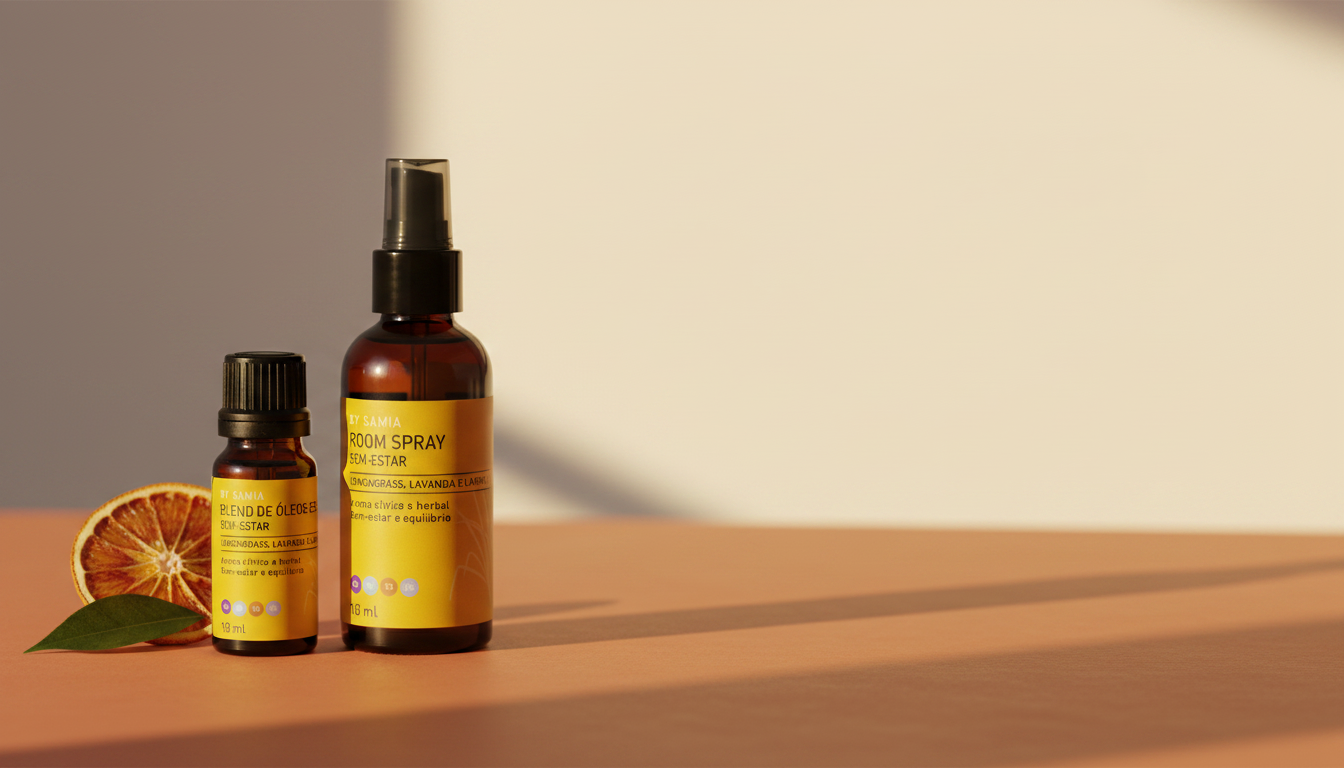 Blend e room spray da linha Bem Estar By Samia sobre terracota, com laranja seca