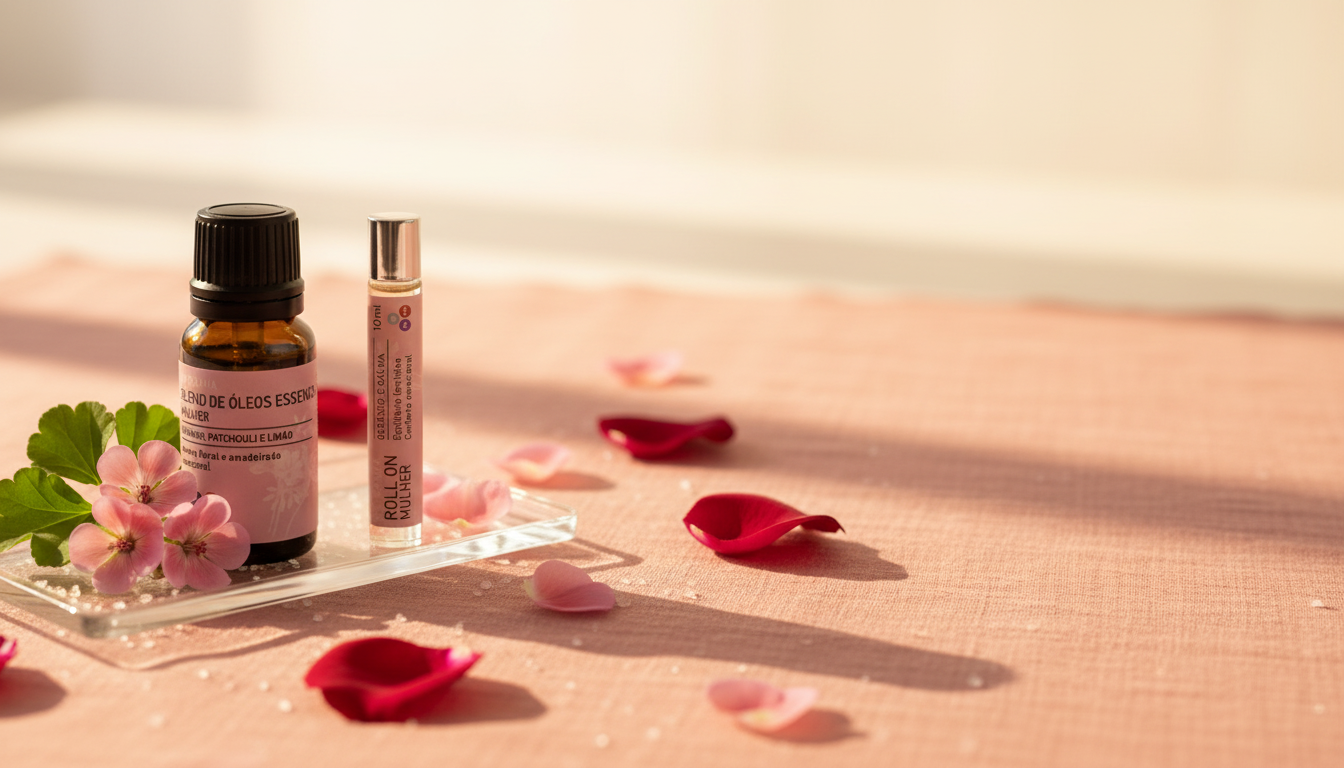 Frascos da linha Mulher By Samia sobre linho rosé, com pétalas de gerânio e rosa