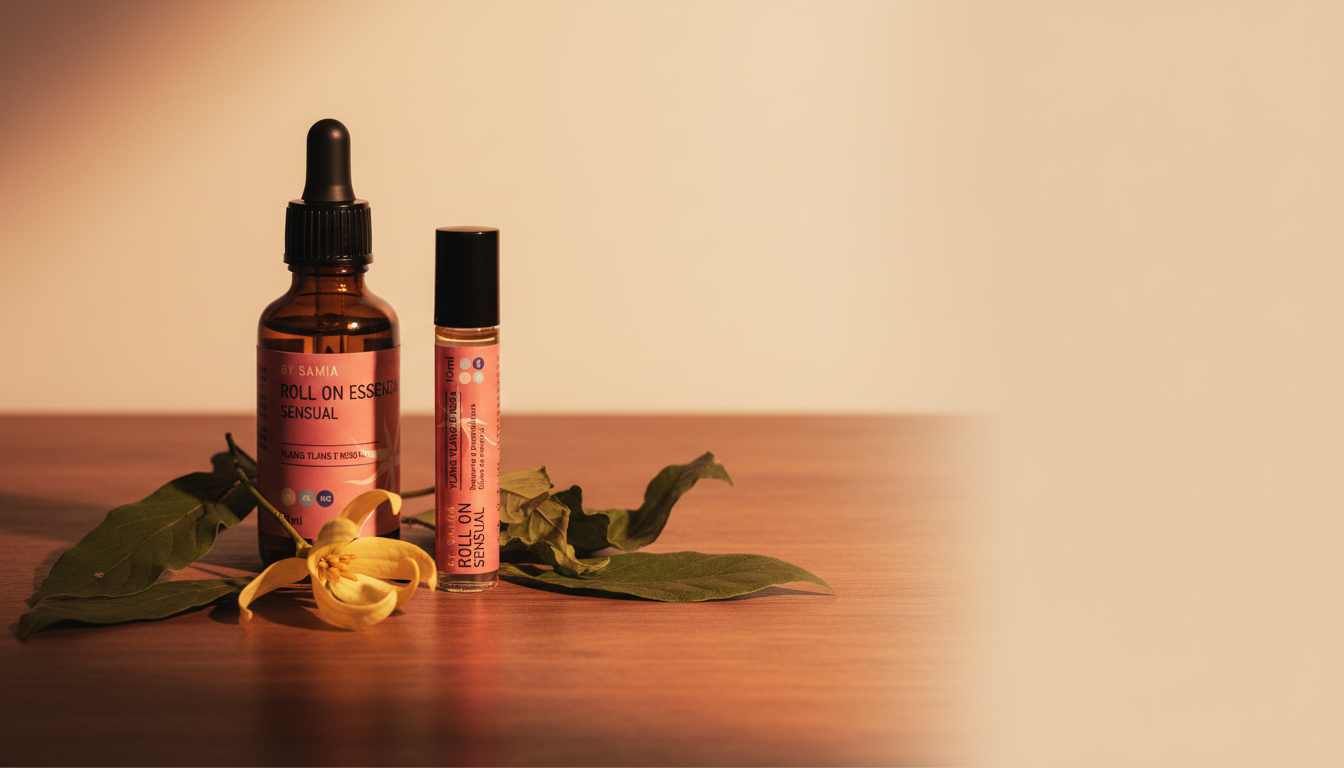 Roll-on e blend da linha Sensual By Samia sobre madeira escura, com ylang-ylang e patchouli