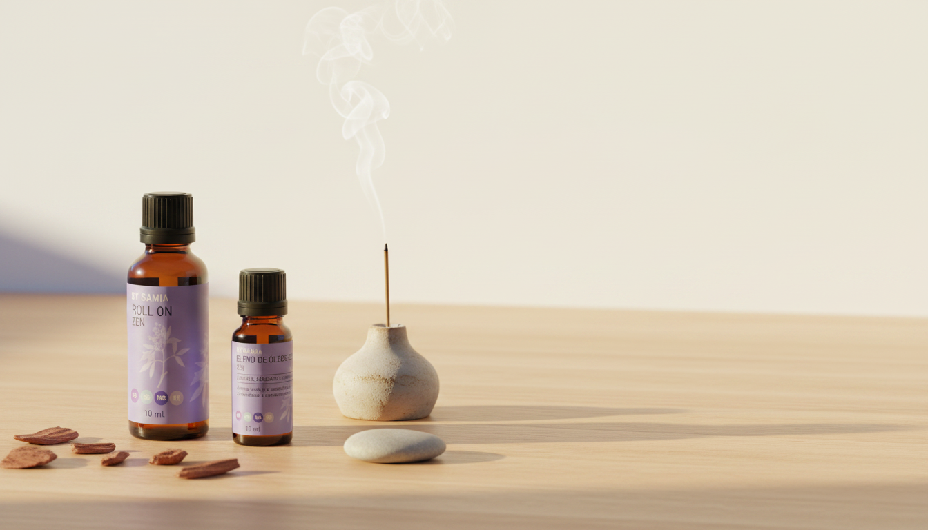Frascos da linha Zen By Samia ao lado de incensário de cerâmica com fio de fumaça