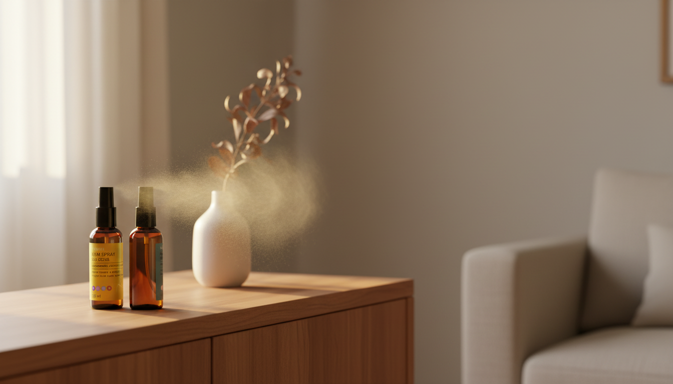 Room sprays By Samia em sala serena, com bruma suspensa na luz da janela
