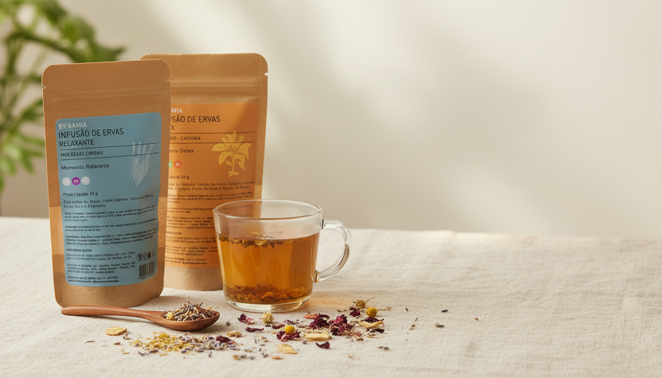 Chás de infusão By Samia ao lado de xícara de vidro com chá em infusão