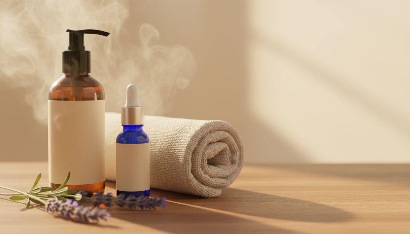 Óleo de massagem e produtos corporais By Samia com toalha de linho e lavanda