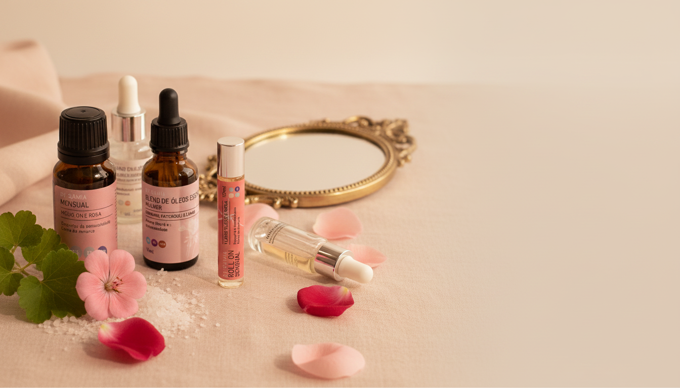 Frascos das linhas Mulher e Sensual By Samia com sérum facial sobre linho rosé