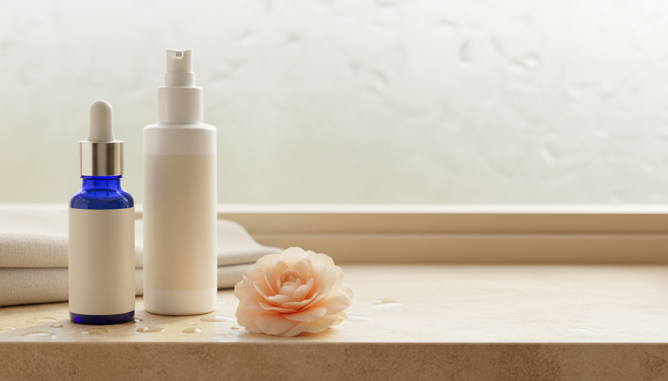 Sérum e loção tônica facial By Samia sobre prateleira de pedra bege