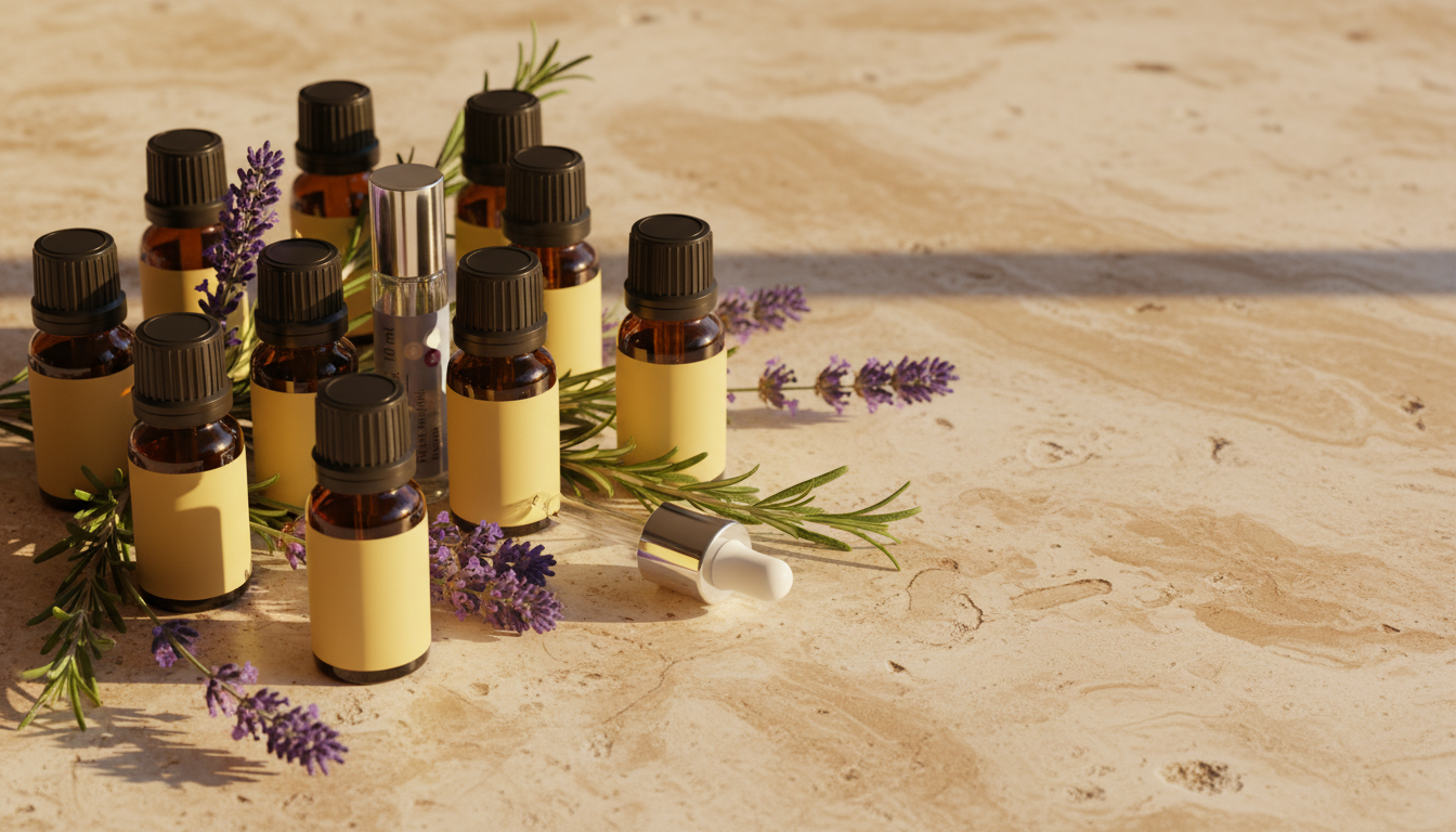 Grupo de frascos âmbar de óleos essenciais e roll-on By Samia sobre travertino, com lavanda