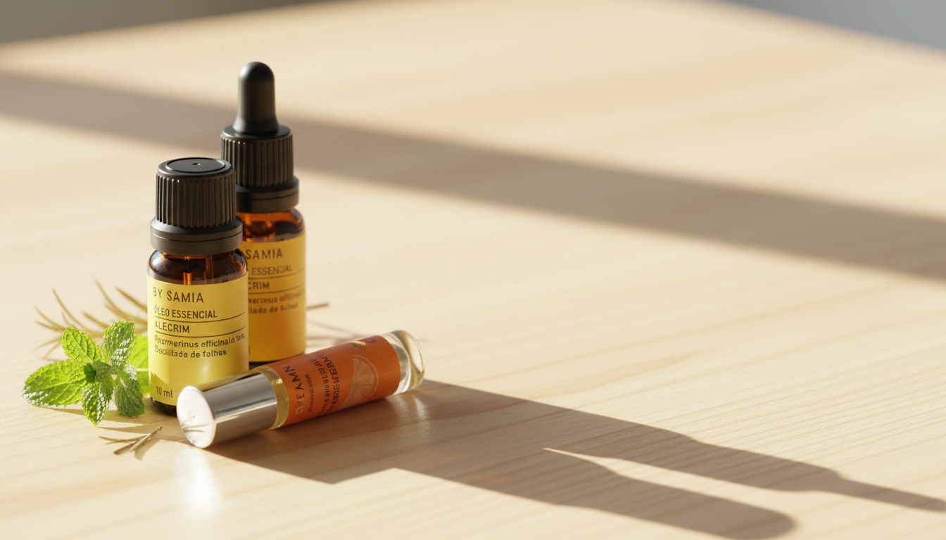 Frascos de alecrim e hortelã-pimenta By Samia com roll-on Energizante e folhas de hortelã