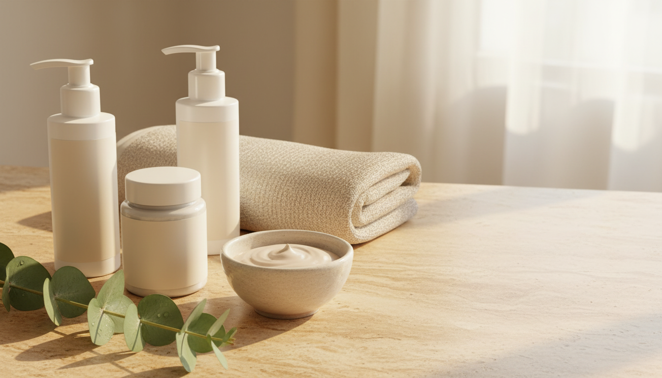 Cosméticos Spa Basics By Samia sobre bancada de travertino, com toalha e eucalipto