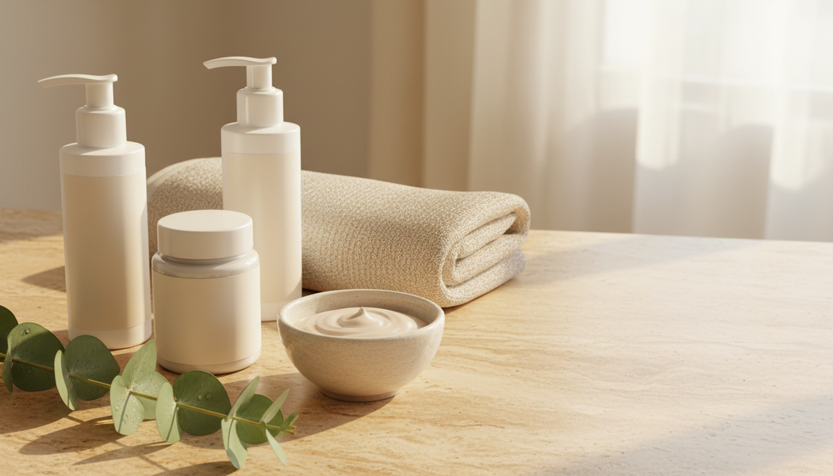 Cosméticos Spa Basics By Samia sobre bancada de travertino, com toalha e eucalipto