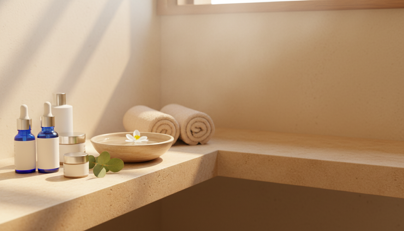 Canto de spa em casa com a linha Spa Basics By Samia e toalhas enroladas