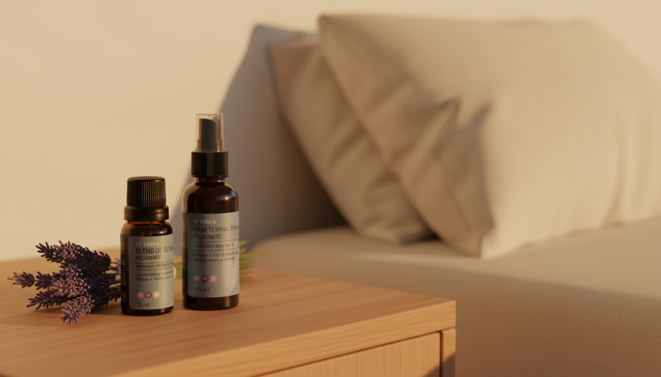 Blend e bruma da linha Relaxante By Samia sobre mesa de cabeceira de madeira, com buquê de lavanda e travesseiro de linho ao fundo